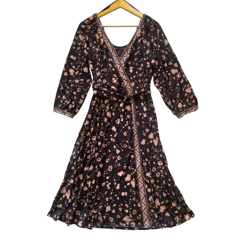 Hale Bob Midi Dress L Faux Wrap A-Line Black Tribal Print Belted Slit Sleeve EUC